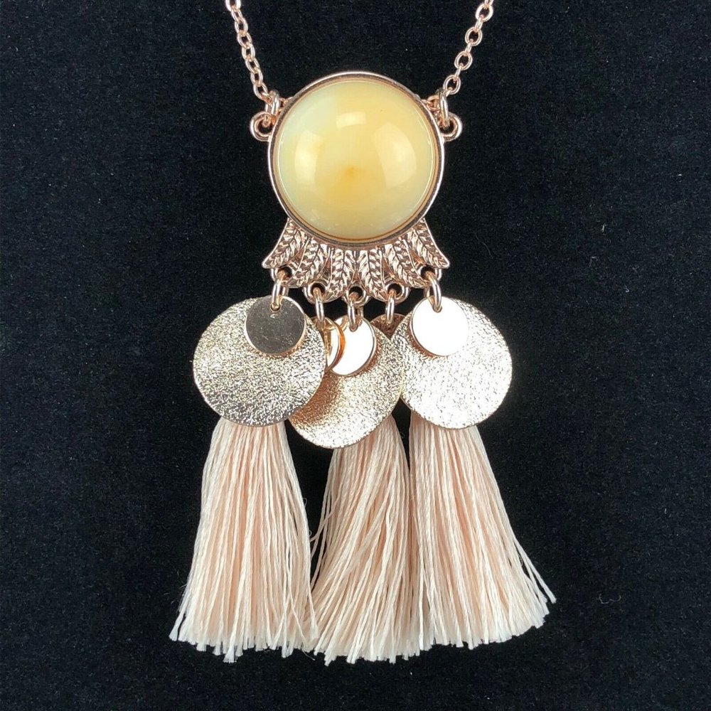LC Lauren Conrad Copper Tone Long Necklace Yellow Triple Tassel Egyptian Style